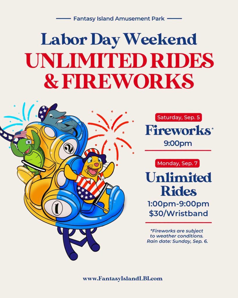 labor day weekend unlimited rides and fireworks flyer with a graphic of marine animals riding an amusement ride