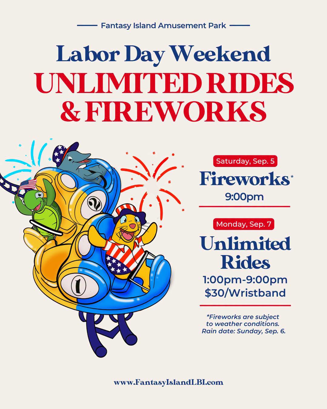 labor day weekend unlimited rides and fireworks flyer with a graphic of marine animals riding an amusement ride