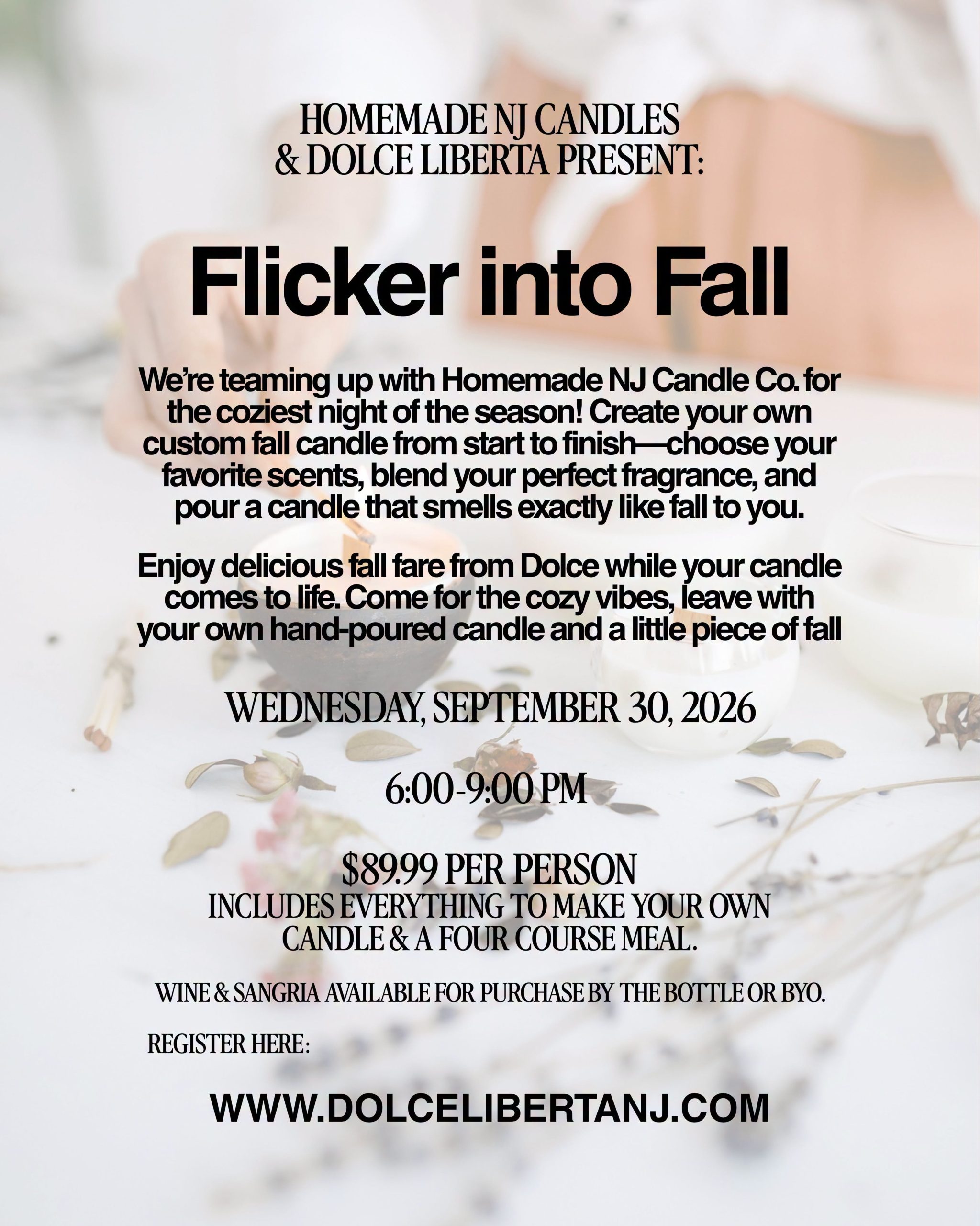 flicker into fall flyer with a person lighting a candle in the background