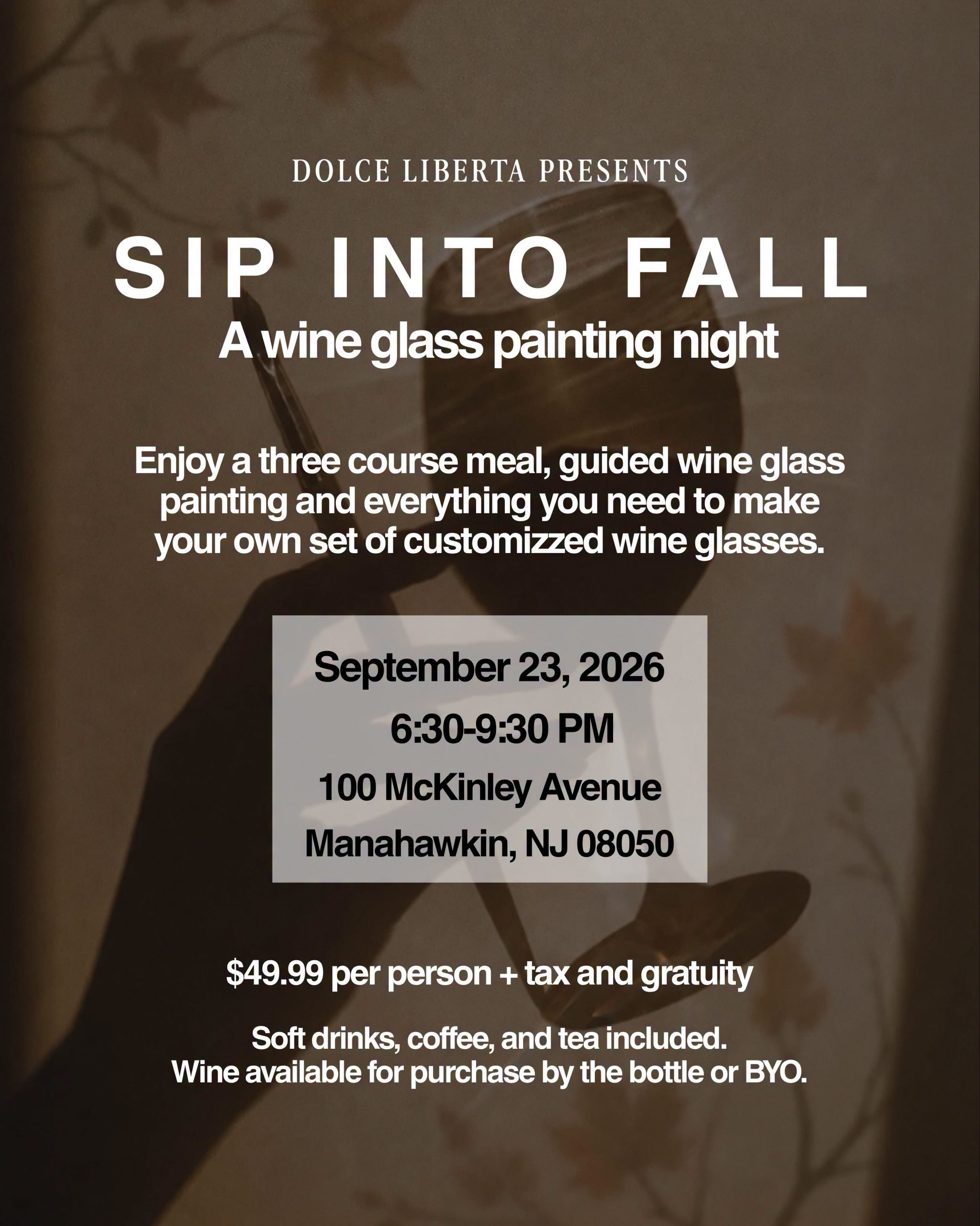 sip into fall flyer with a picture of a hand holding a wine glass and a paint brush