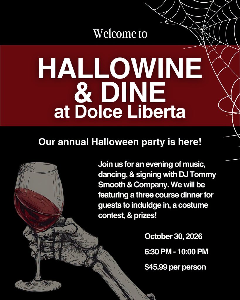 Hallowine & Dine flyer with a skeleton holding a glass of red wine