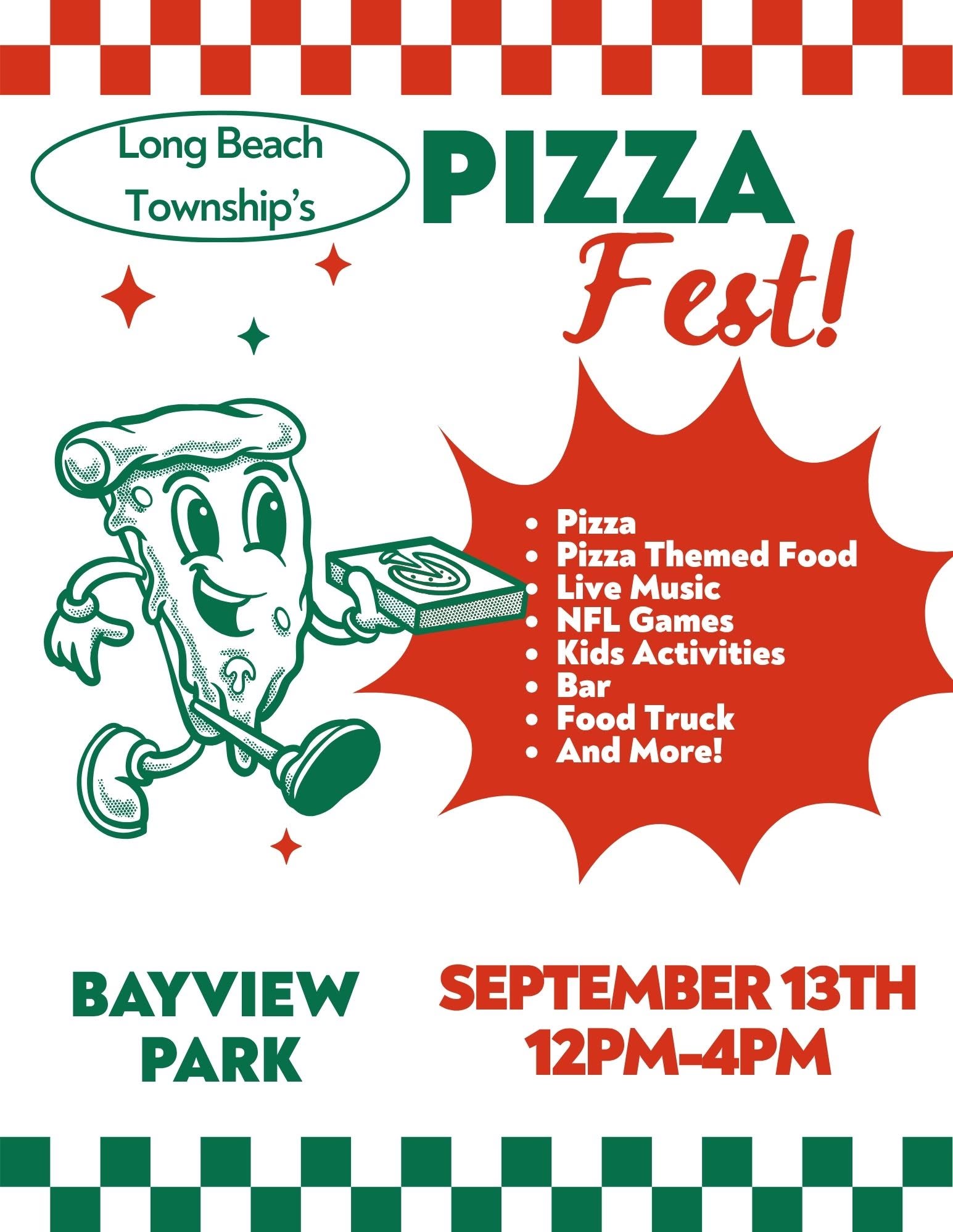 Pizza Fest flyer with a graphic of a pizza slice walking and holding a box of pizza