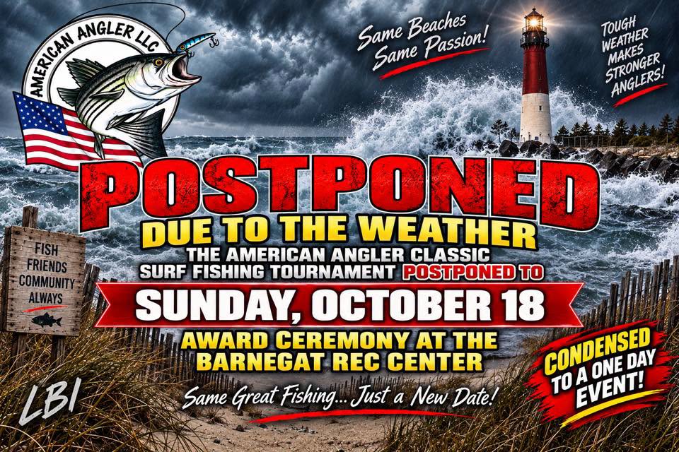 american angler surf fishing classic postponement flyer with a photo of a storm over the Ocean and a lighthouse