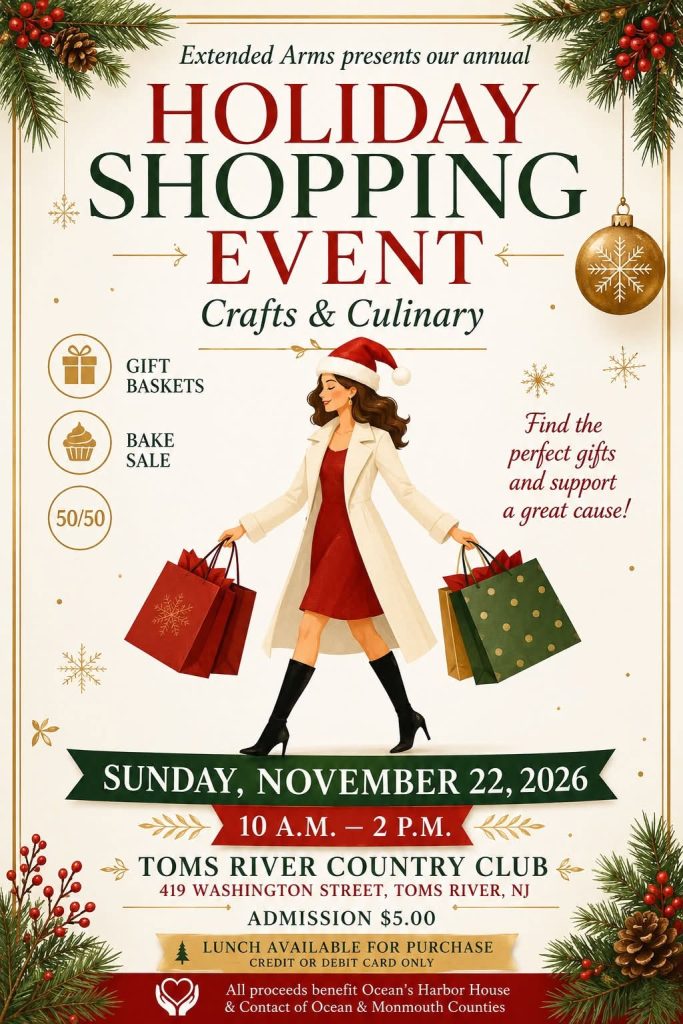 holiday shopping event flyer with a graphic of a woman walking with shopping bags in a red dress and white coat and a Santa hat