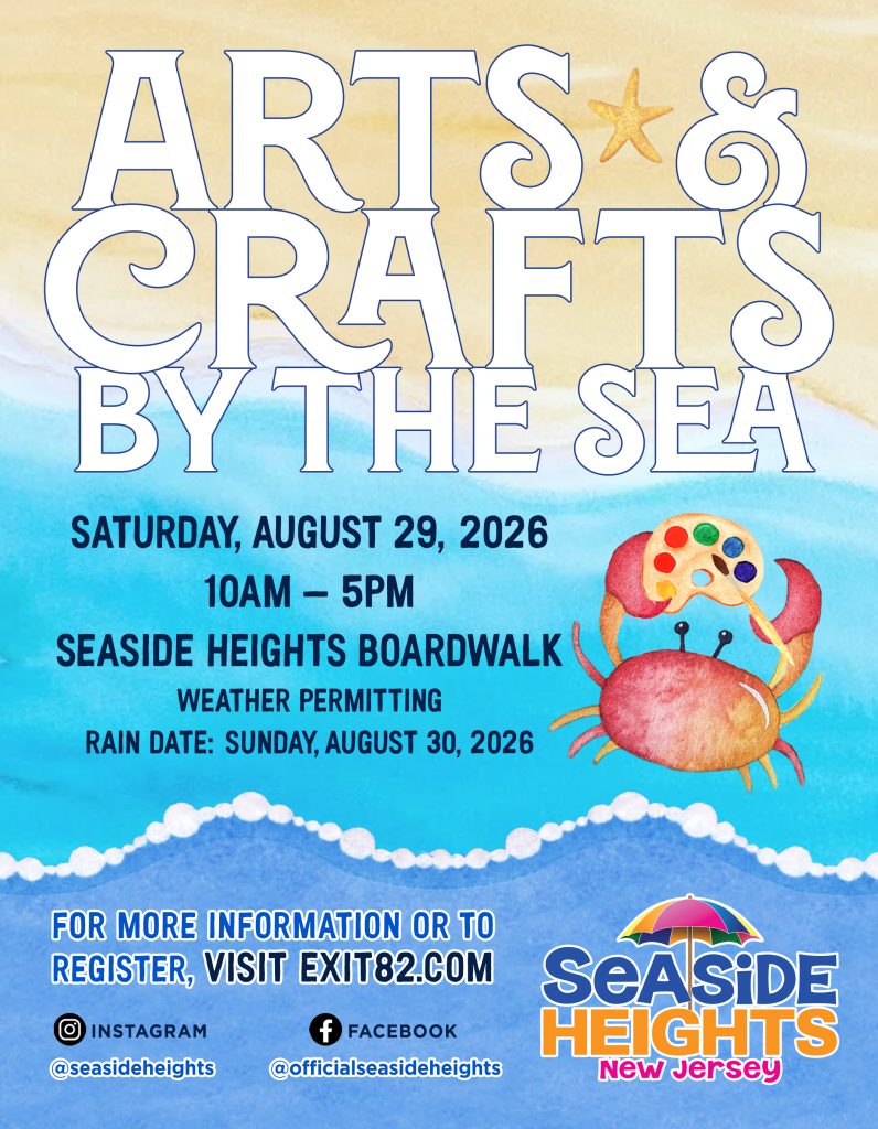 arts and crafts by the sea flyer with a beach as the background and a crab holding a paint brush and paint