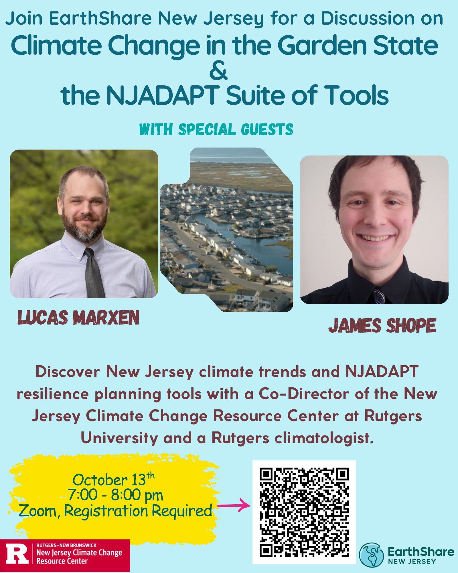 Climate change in the garden state flyer with two guest speakers and an aerial image of a neighborhood along a marsh