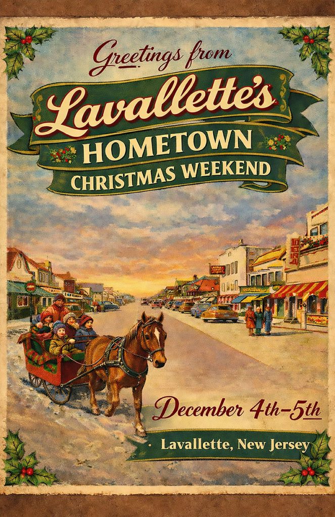 Graphic of a horse pulling a family in a sleigh on a snow covered road in a small downtown area on a Lavallette Hometown Christmas Weekend flyer 