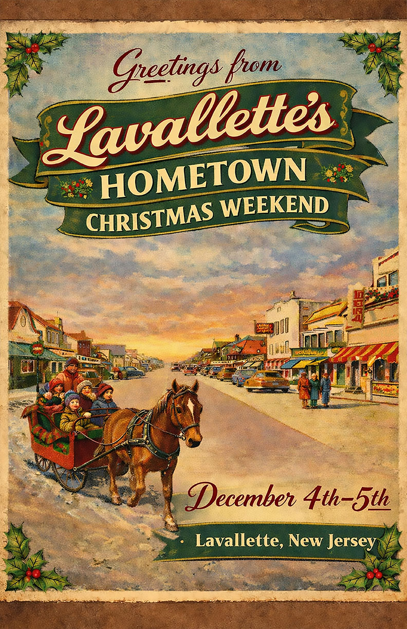 Graphic of a horse pulling a family in a sleigh on a snow covered road in a small downtown area on a Lavallette Hometown Christmas Weekend flyer