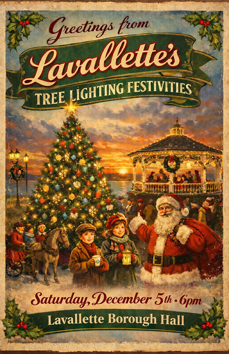 Greetings from Lavallette Tree lighting flyer with picture of a Christmas Tree with ornaments, a horse pulling a wagon with children, a gazebo covered in Christmas lights and a wreath and Santa with two children