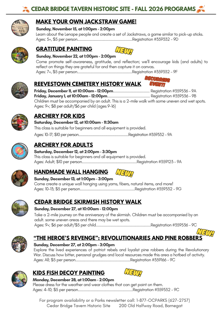 Fall activities flyer for Cedar Bridge Tavern Historic Site