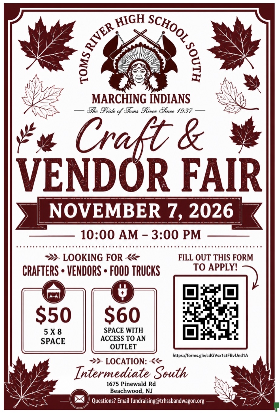 vendor craft fair flyer for Toms River High school south marching Indians