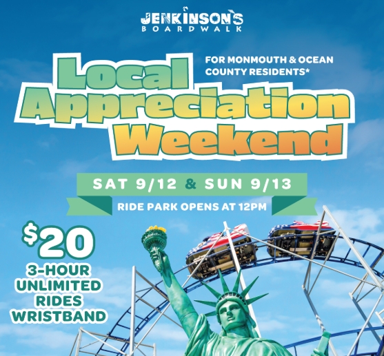 Local Appreciation weekend flyer for Jenkinson's Boardwalk featuring people riding on a roller coaster