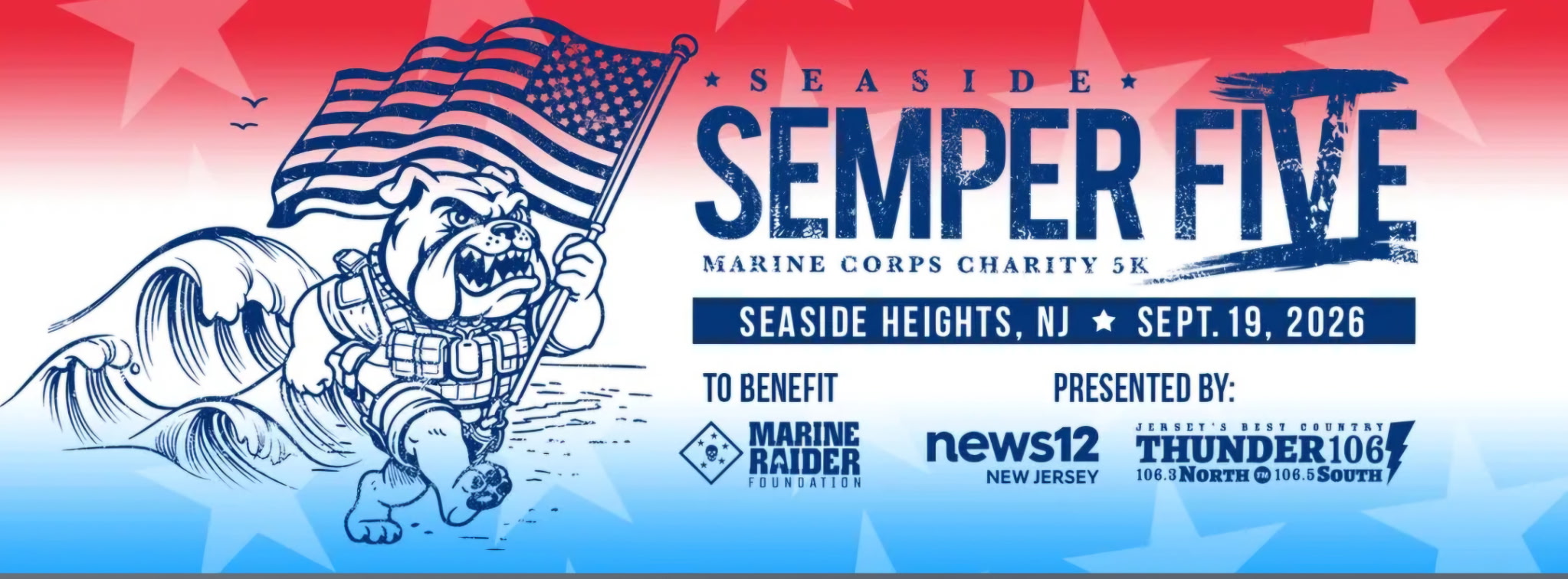 Seaside Semper Five flyer on a red, white and blue background and a graphic of a dog walking holding an American Flag