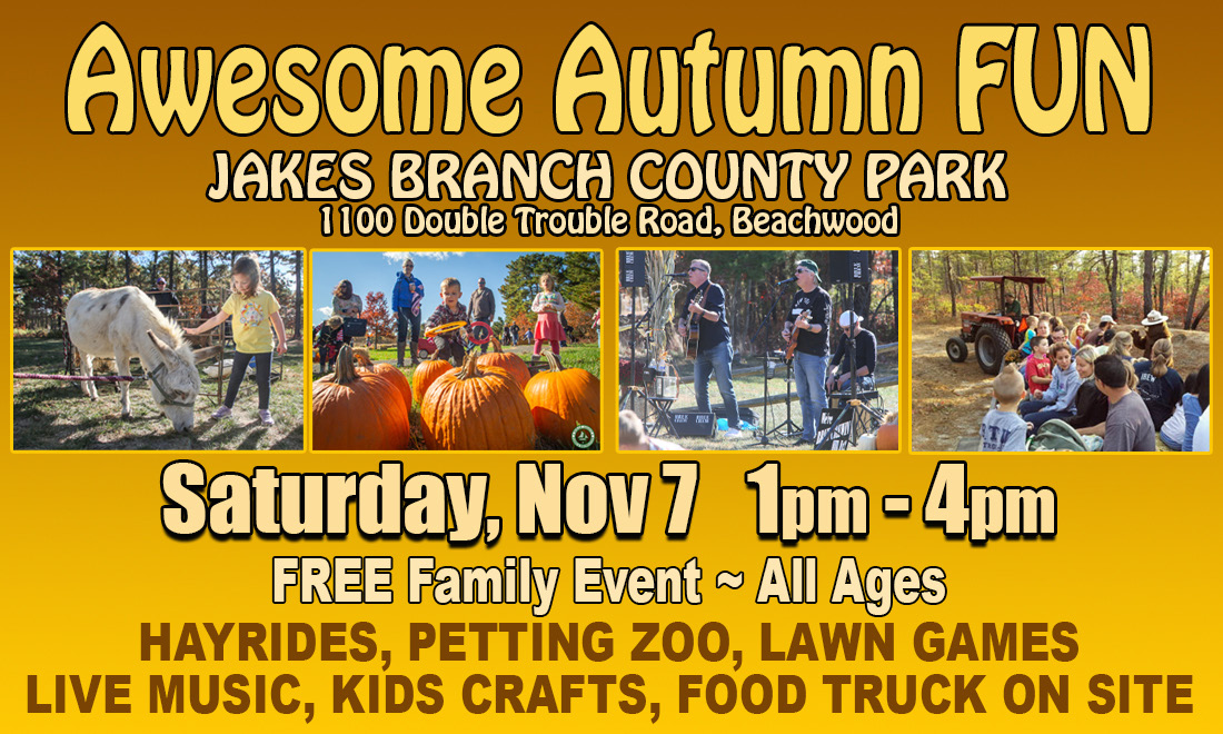 Awesome autumn fun flyer on an orange and brown background. Photos of a band playing music, a child petting a donkey, children throwing rings onto pumpkin stems and people on a tractor ride