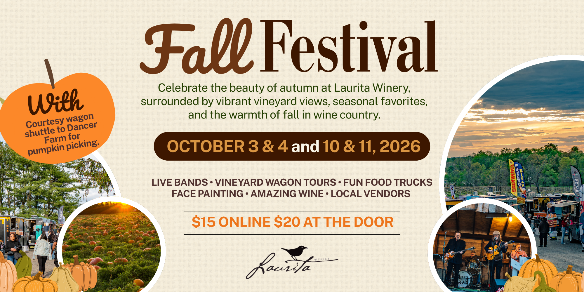 Fall Festival flyer with photos of a band playing on a stage, people standing around food trucks, and a pumpkin patch