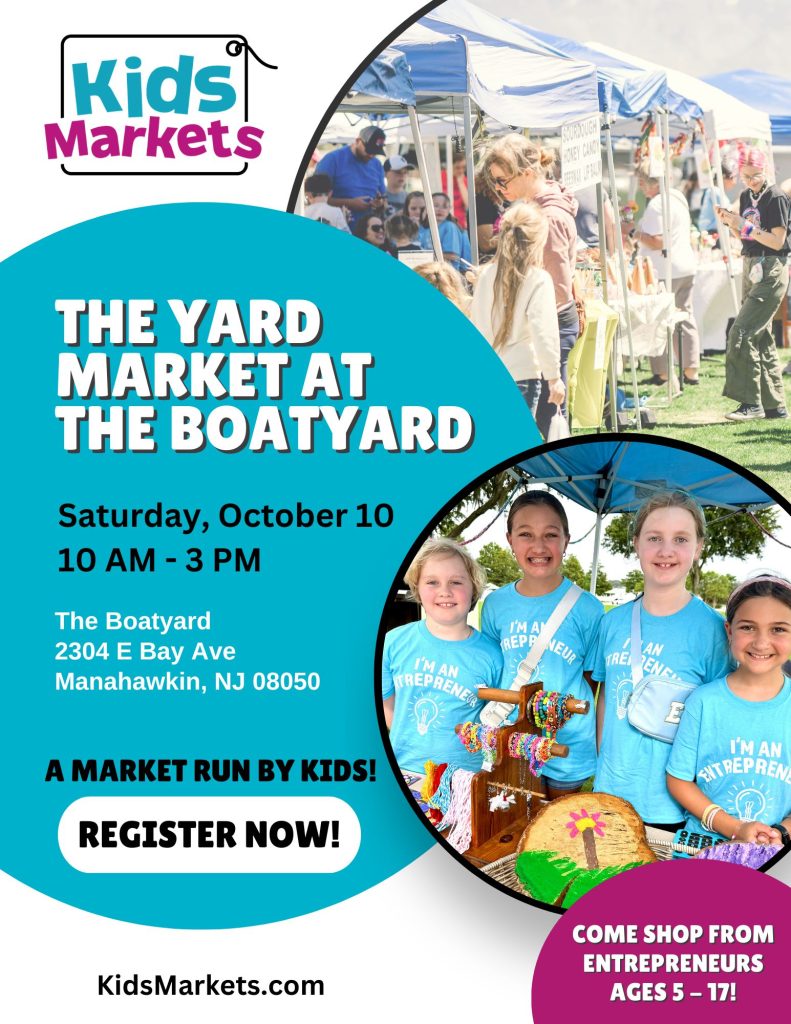 Photo of four kids standing together posing for a picture and a photo of people shopping at vendor tents 