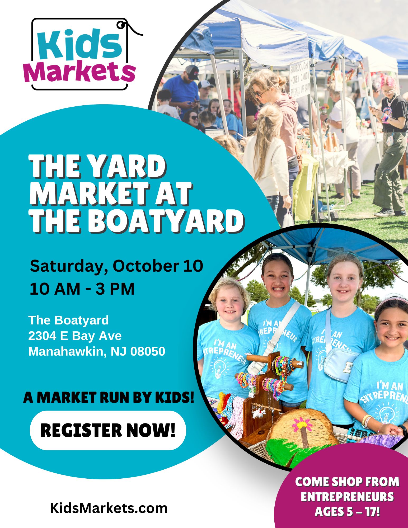 Photo of four kids standing together posing for a picture and a photo of people shopping at vendor tents