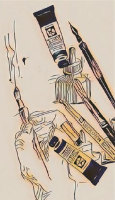 painting of a hand painting, paint brushes and paint