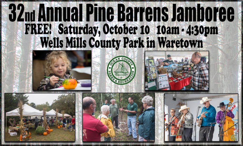 Pine barrens jamboree flyer with photo of woods in the background. Has photos of vendor tents, people in the woods doing a nature lecture, live band playing music, people at vendor tents, and a child painting a pumpkin. 