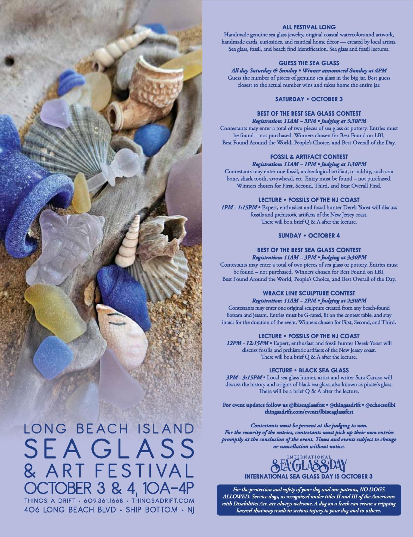 Promotional flyer for the Long Beach Island Sea Glass & Art Festival, October 3–4 from 10 a.m.–4 p.m. at 406 Long Beach Blvd., Ship Bottom, NJ. The flyer features a close-up photo of colorful sea glass, shells, and beach finds. It highlights handmade sea glass jewelry and artwork, sea glass and fossil identification, contests for sea glass, fossils and artifacts, a wrack line sculpture contest, and lectures about fossils and black sea glass. International Sea Glass Day is noted as October 3.