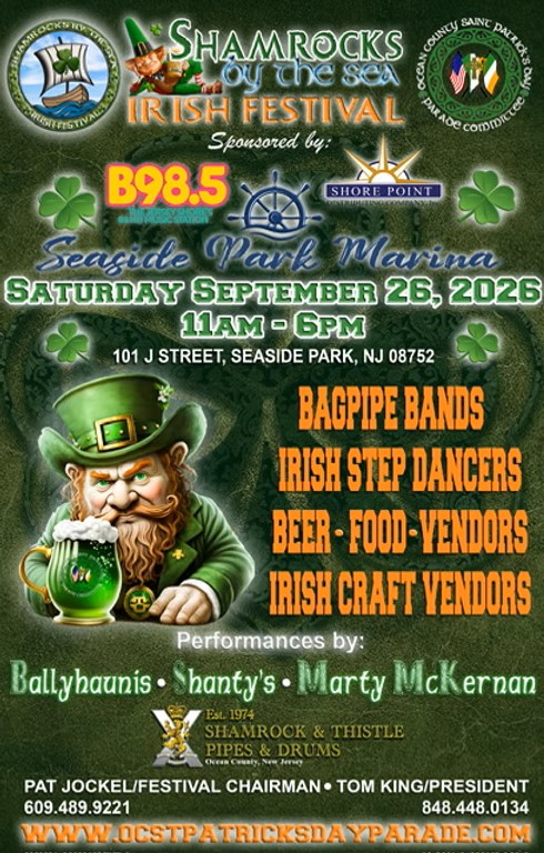shamrocks by the sea flyer with a graphic of a leprechaun on a green background