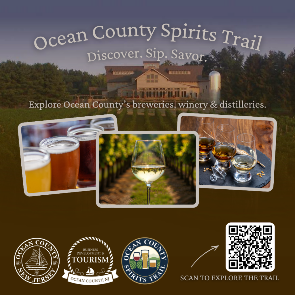 Ocean County Spirits Trail promotional flyer featuring a winery, craft beer, and spirits imagery. The flyer reads “Ocean County Spirits Trail” with the tagline “Discover. Sip. Savor.” A QR code invites viewers to scan for more information. Logos for Ocean County, Business Development & Tourism, and Ocean County Spirits Trail appear along the bottom.