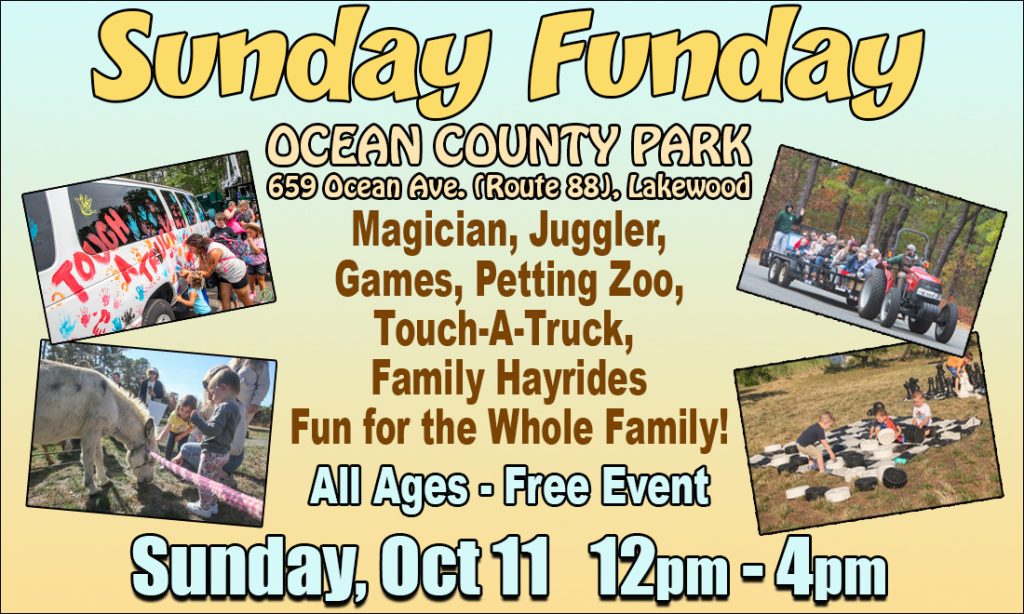 Sunday Funday flyer with photos of children feeding a donkey, poeple on a tractor ride, kids playing giant chess and a touch a truck van. 