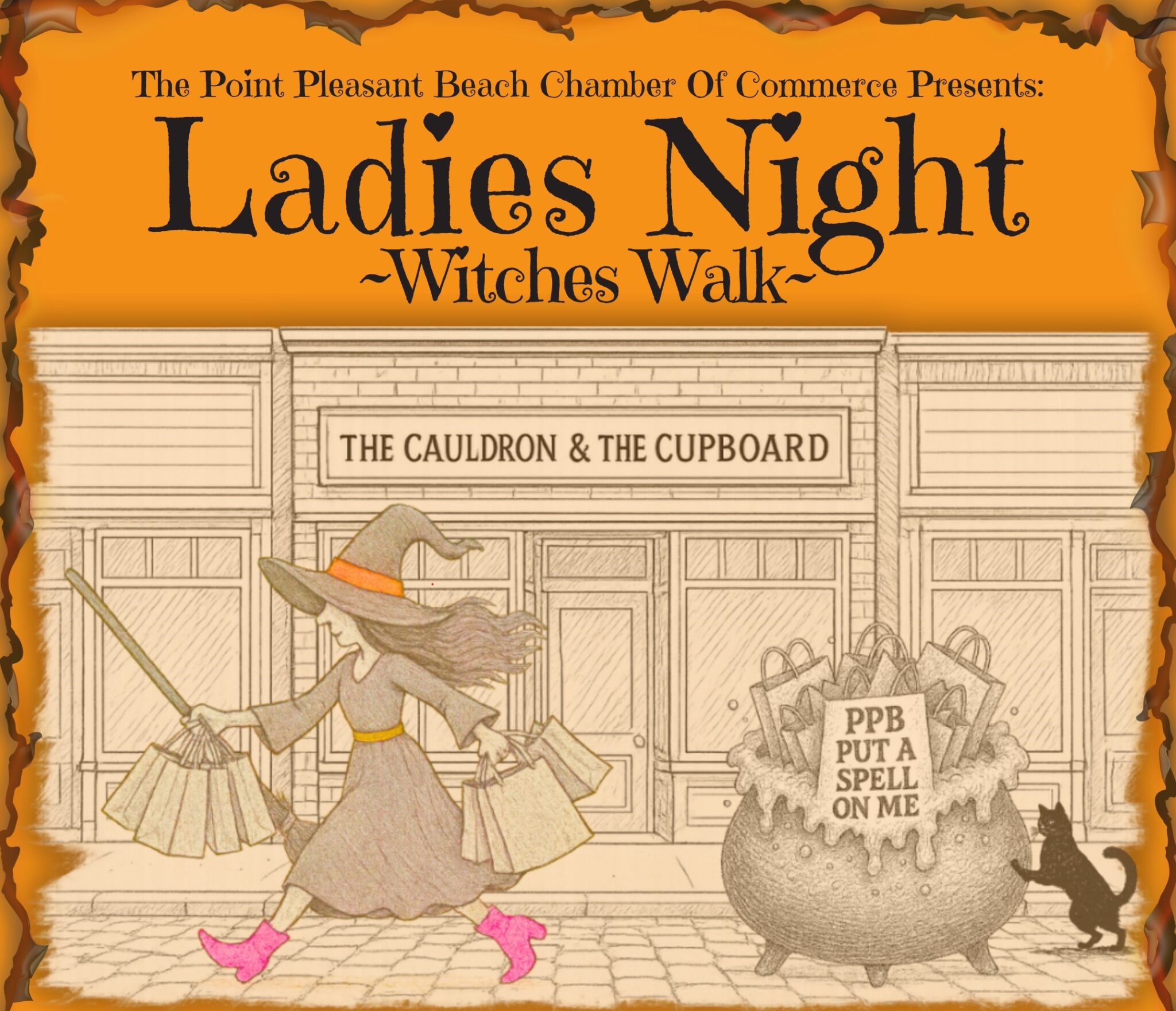 Graphic of a witch walking with a broom, pink boots, and shopping bags for a Ladies Night Witches walk flyer