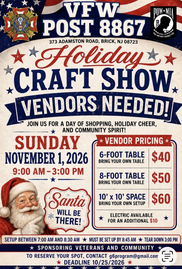 Holiday Craft show flyer in red, white and blue with an American Flag and Santa Claus