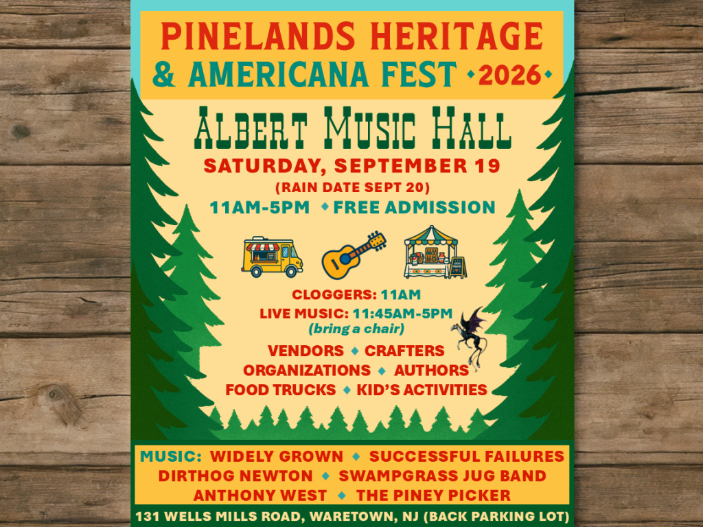 Pinelands Heritage & Americana Fest flyer on a wooden background with pine trees