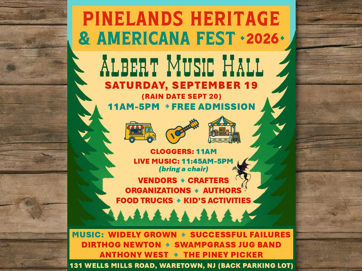 Pinelands Heritage & Americana Fest flyer on a wooden background with pine trees