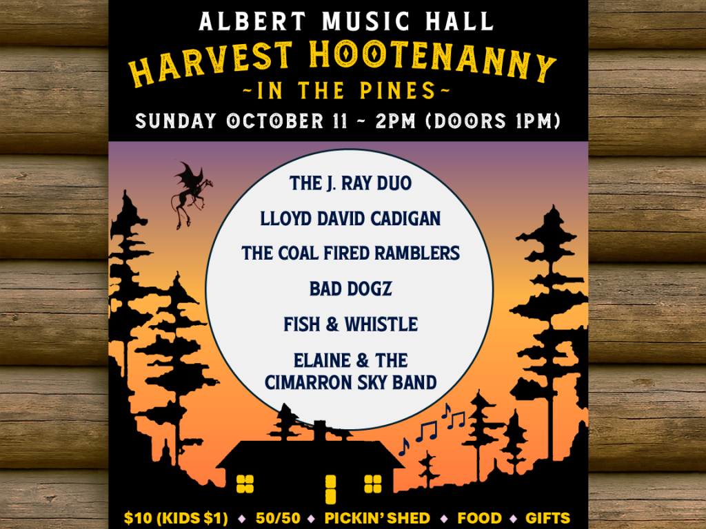 Harvest Hootenanny flyer on a wooden background with a graphic of the jersey devil flying at sunset over a cabin 
