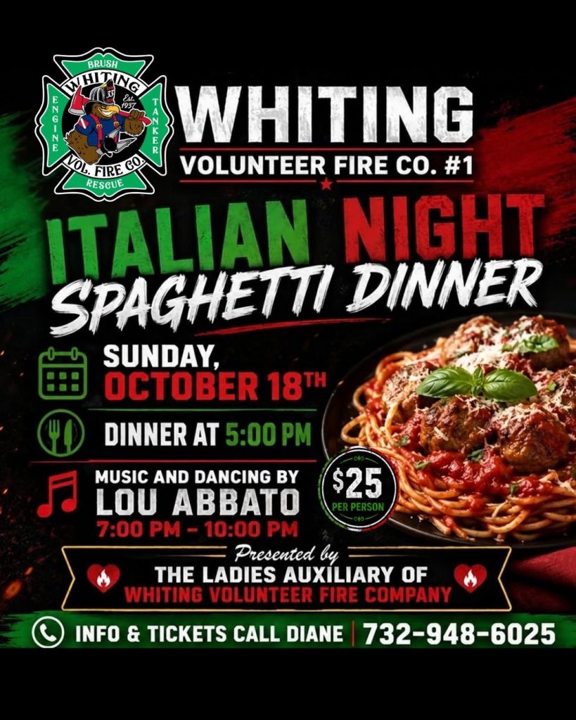 Italian Night Spaghetti Dinner flyer with a photo of a plate of spaghetti and meatballs