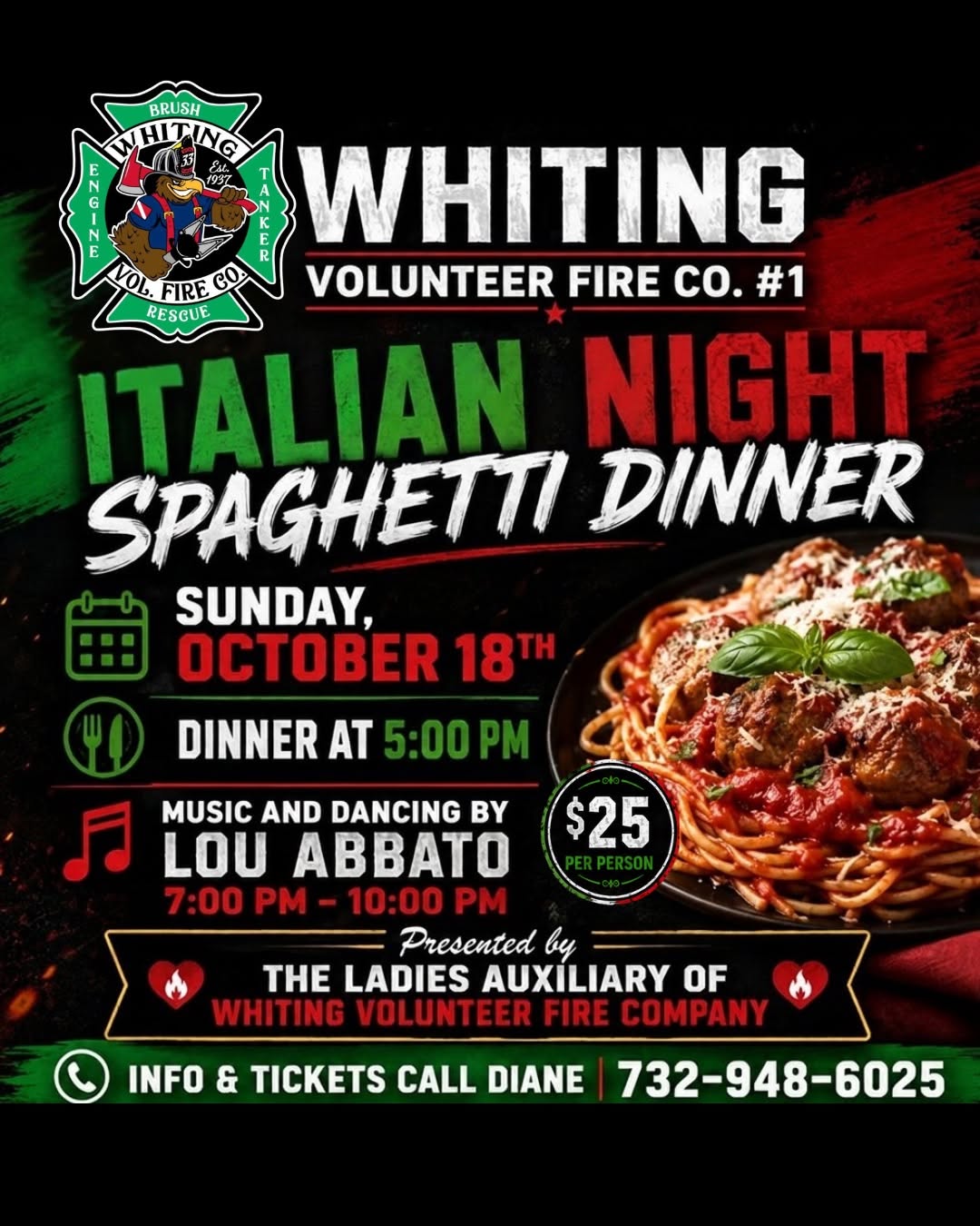 Italian Night Spaghetti Dinner flyer with a photo of a plate of spaghetti and meatballs