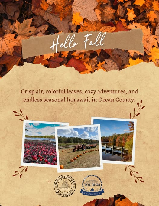 Hello Fall flyer with autumn leaves a photo of cranberry bogs, a pumpkin patch with tractor and a dock overlooking the lake with trees surrounding 