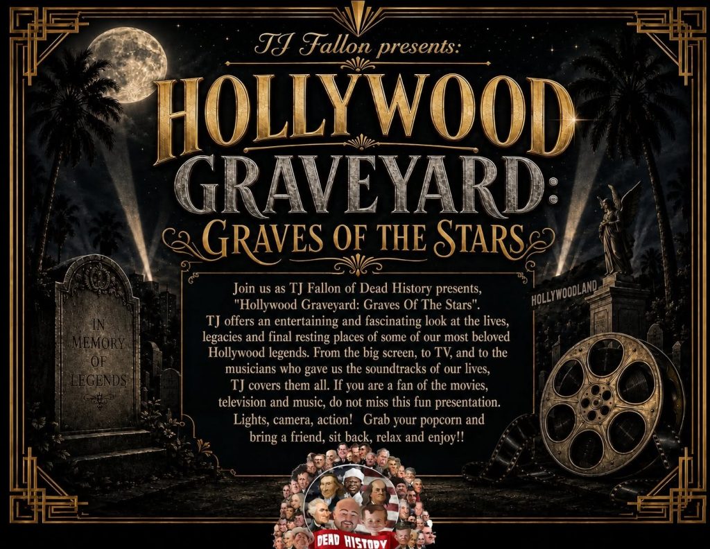 Hollywood Graveyard: Graves of the Stars flyer with a tombstone, movie reel, a full moon, palm trees, and the Hollywood sign