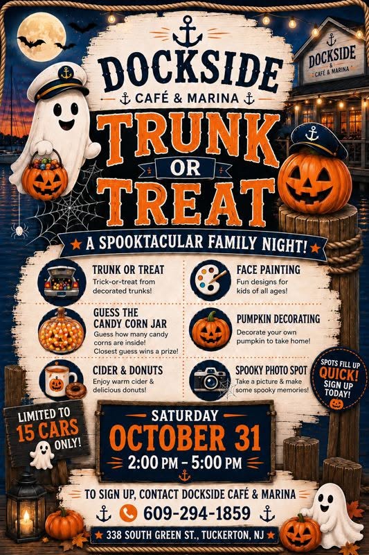 Trunk or treat flyer with an image of a ghost in a captain's hat holding a pumpkin bucket full of candy, lanterns, and a dock and a building in the background reading Dockside Cafe & Marina