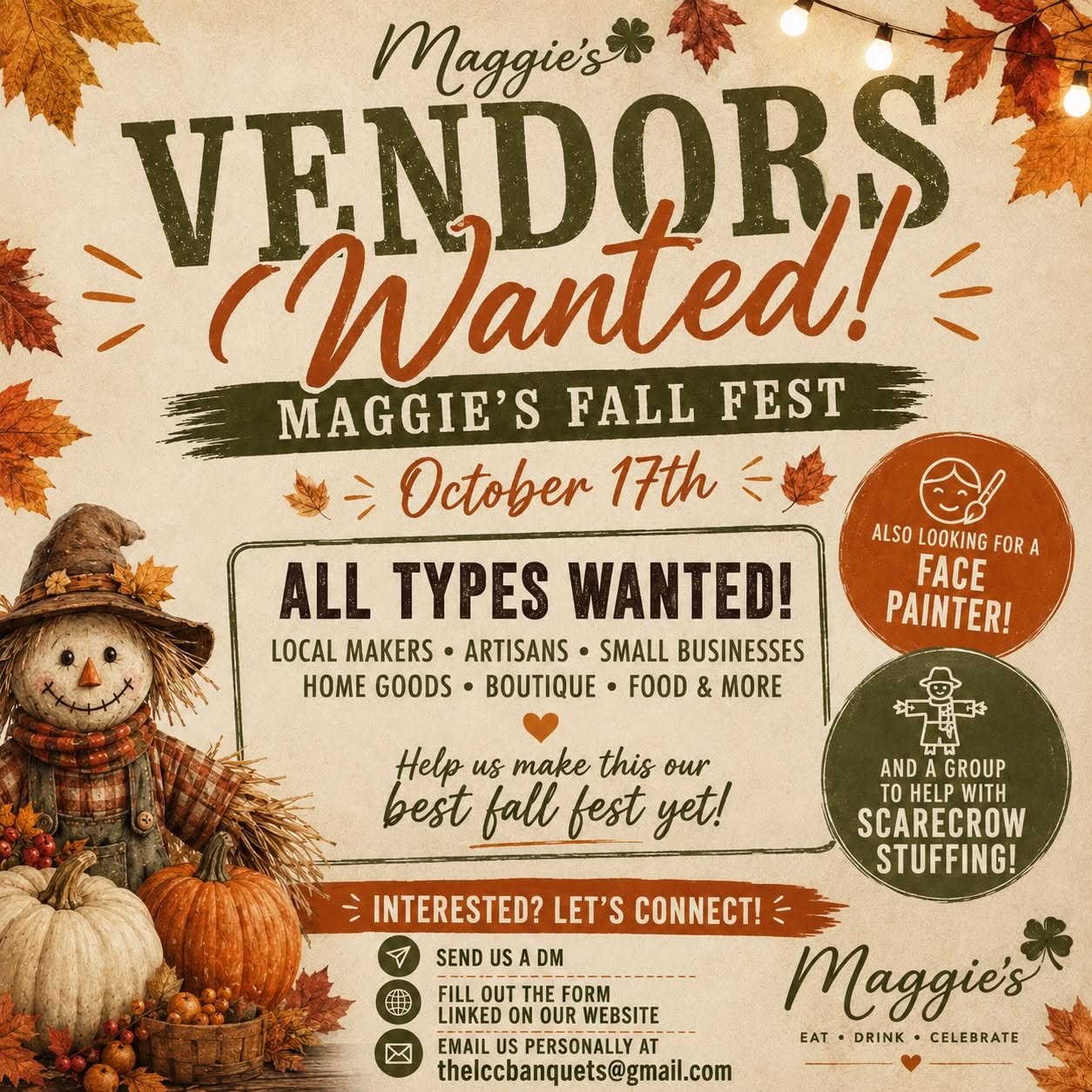 Maggie's fall fest flyer with fall leaves around the border a scarecrow and pumpkins