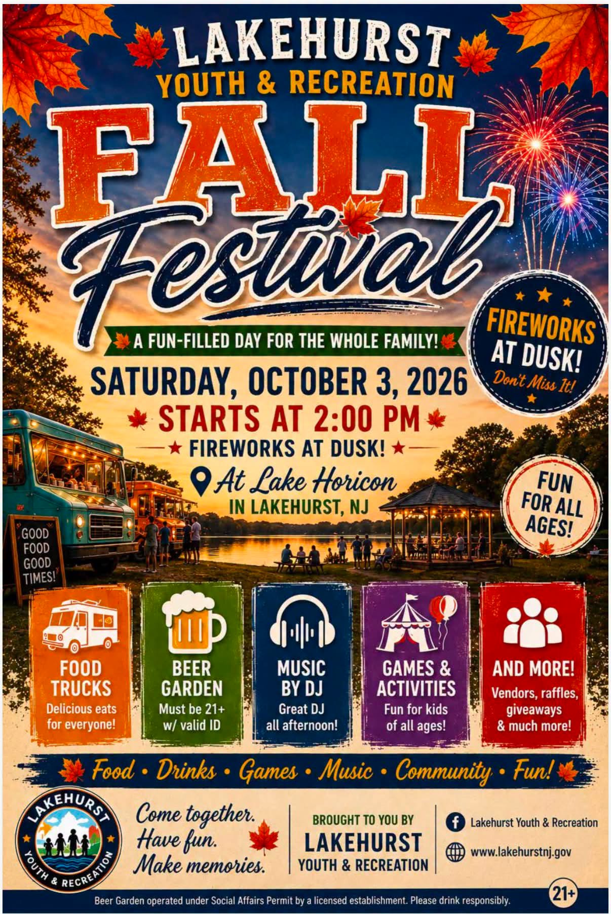 Flyer for the Lakehurst Youth & Recreation Fall Festival on Saturday, October 3, 2026, starting at 2 p.m. at Lake Horicon in Lakehurst, NJ. The family-friendly event features food trucks, a 21+ beer garden, DJ music, games, activities, vendors, raffles, and giveaways. Fireworks will take place at dusk. The festival is presented by Lakehurst Youth & Recreation.