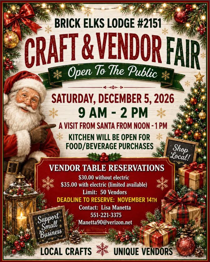 craft and vendor fair flyer with Santa Claus. Christmas tree and presents in red and green