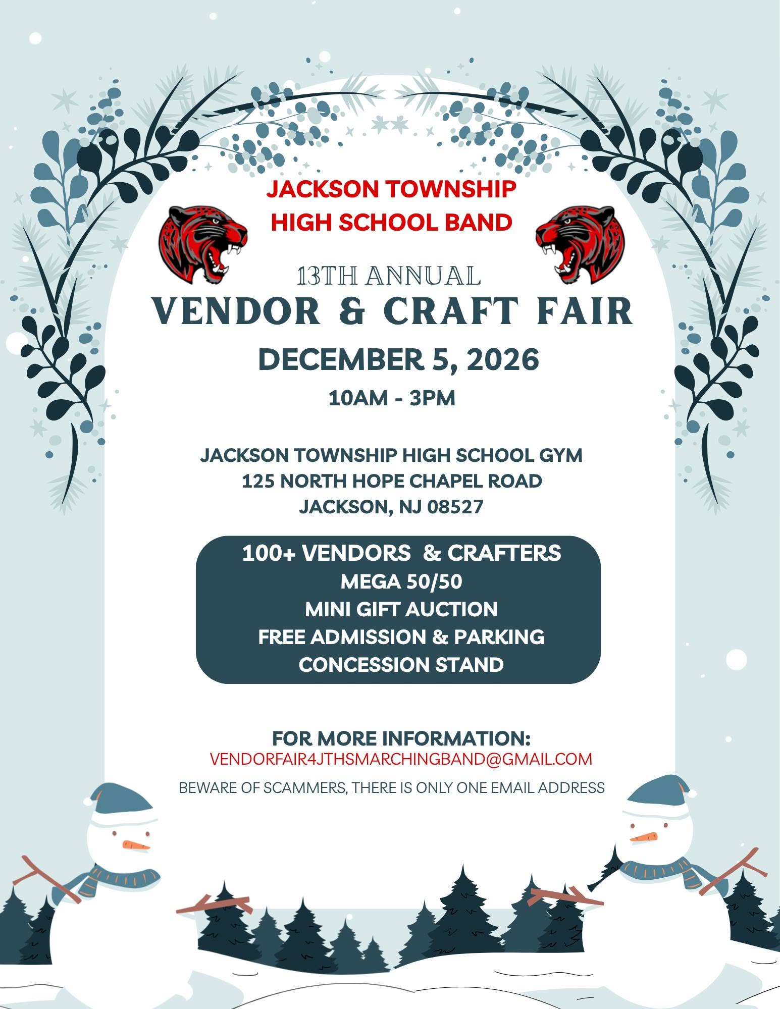 Holiday vendor & craft fair flyer with snowmen and pine trees