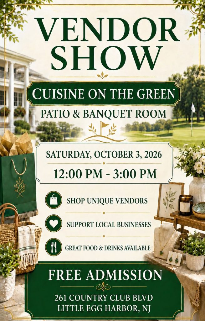 Vendor show flyer with a golf course as the background and a shelf with home decor 
