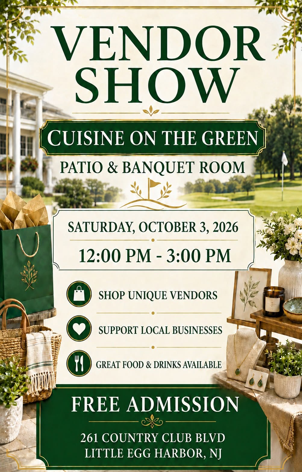 Vendor show flyer with a golf course as the background and a shelf with home decor