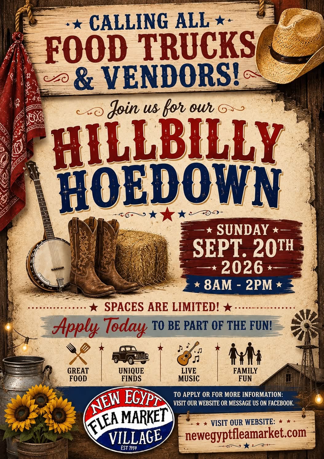 Hillbilly hoedown flyer with cowboy boots, sunflowers, and a cowboy hat