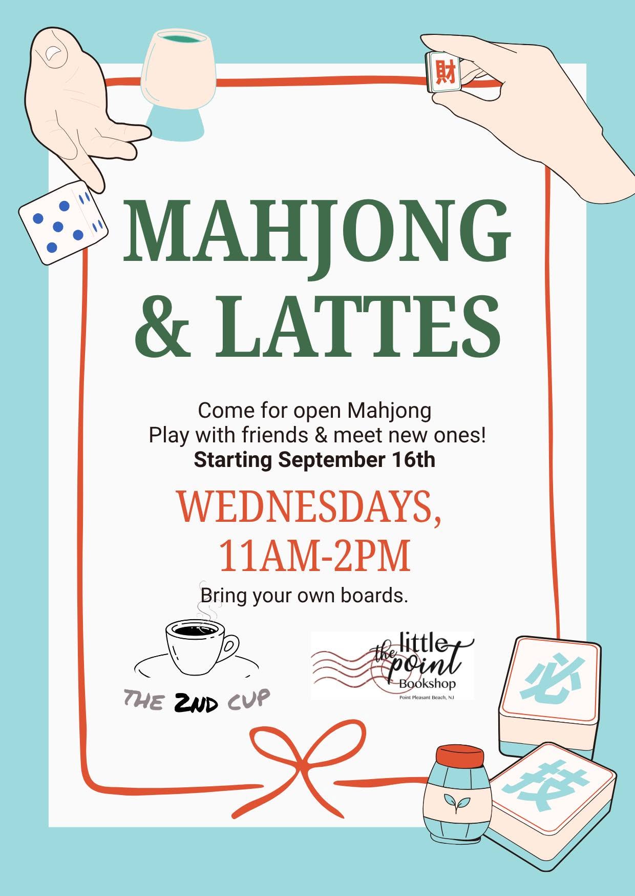 Mahjong & lattes flyer on a blue and white background with a hand rolling dice