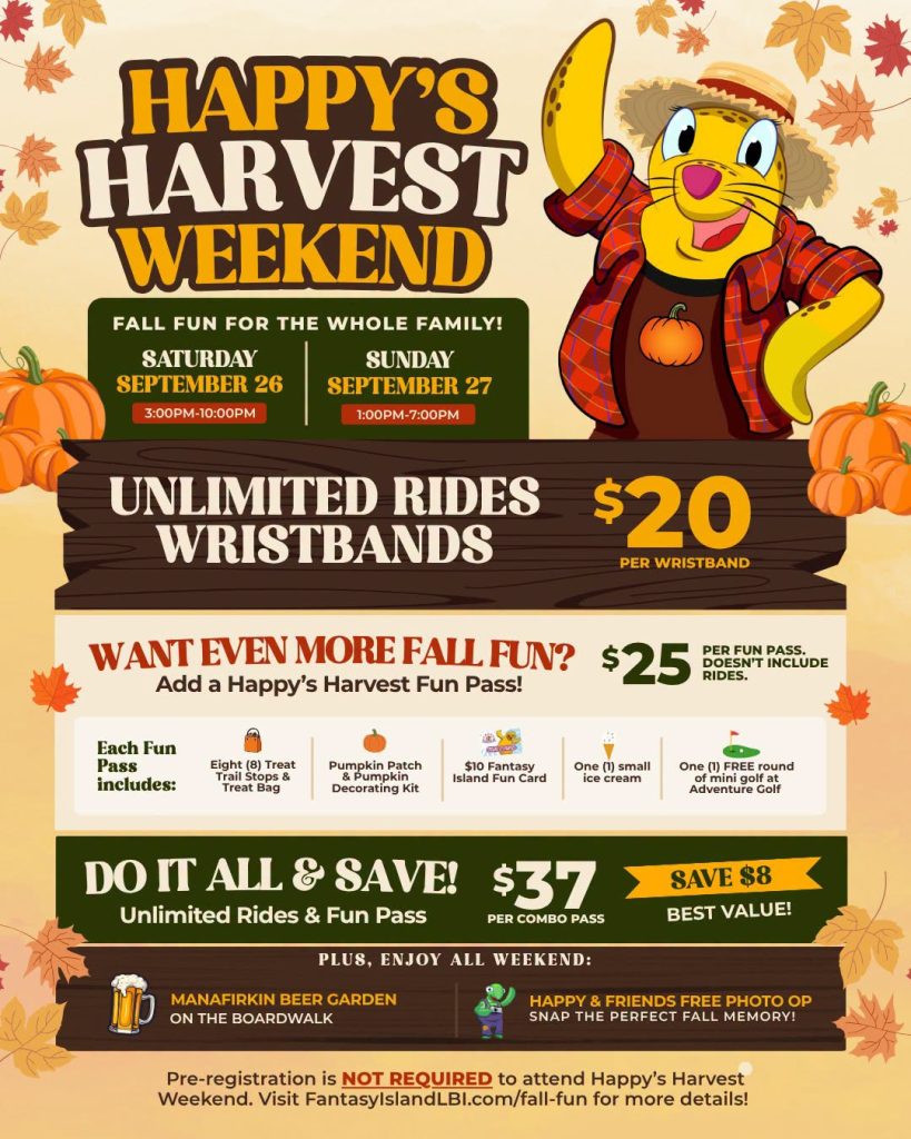 Happy's harvest weekend flyer with Fantasy island Amusement park mascot, pumpkins and fall leaves 