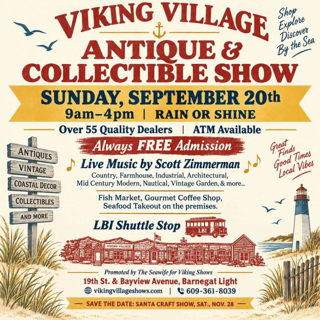 viking village antique and collectible show flyer with a graphic of a fishing village, a lighthouse and beach signs 