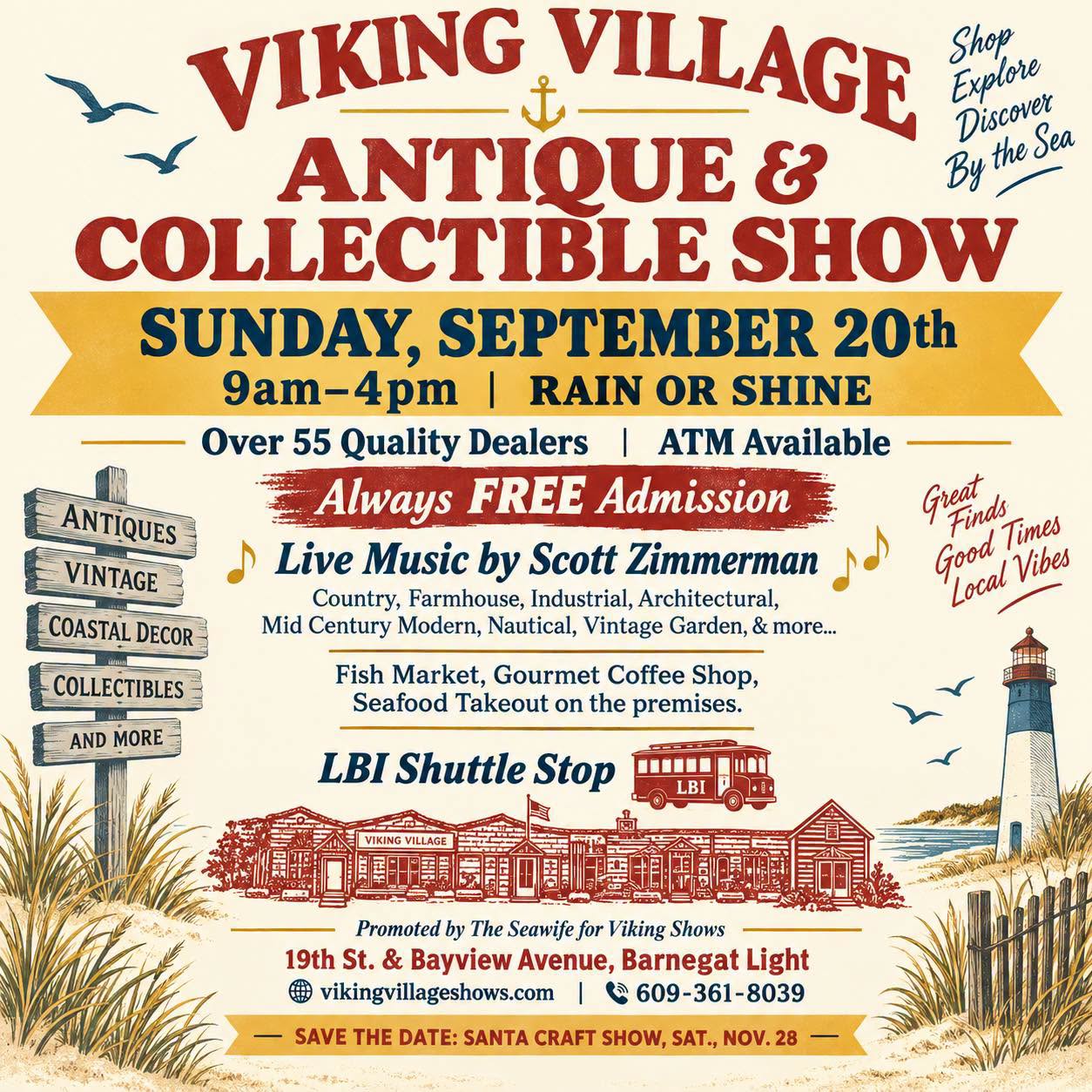 viking village antique and collectible show flyer with a graphic of a fishing village, a lighthouse and beach signs