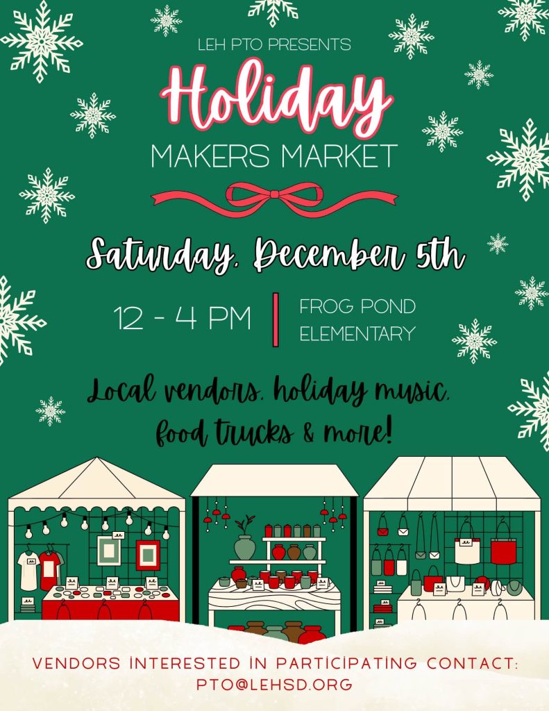 Holiday Market flyer on a green background with snowflakes and vendor tents 