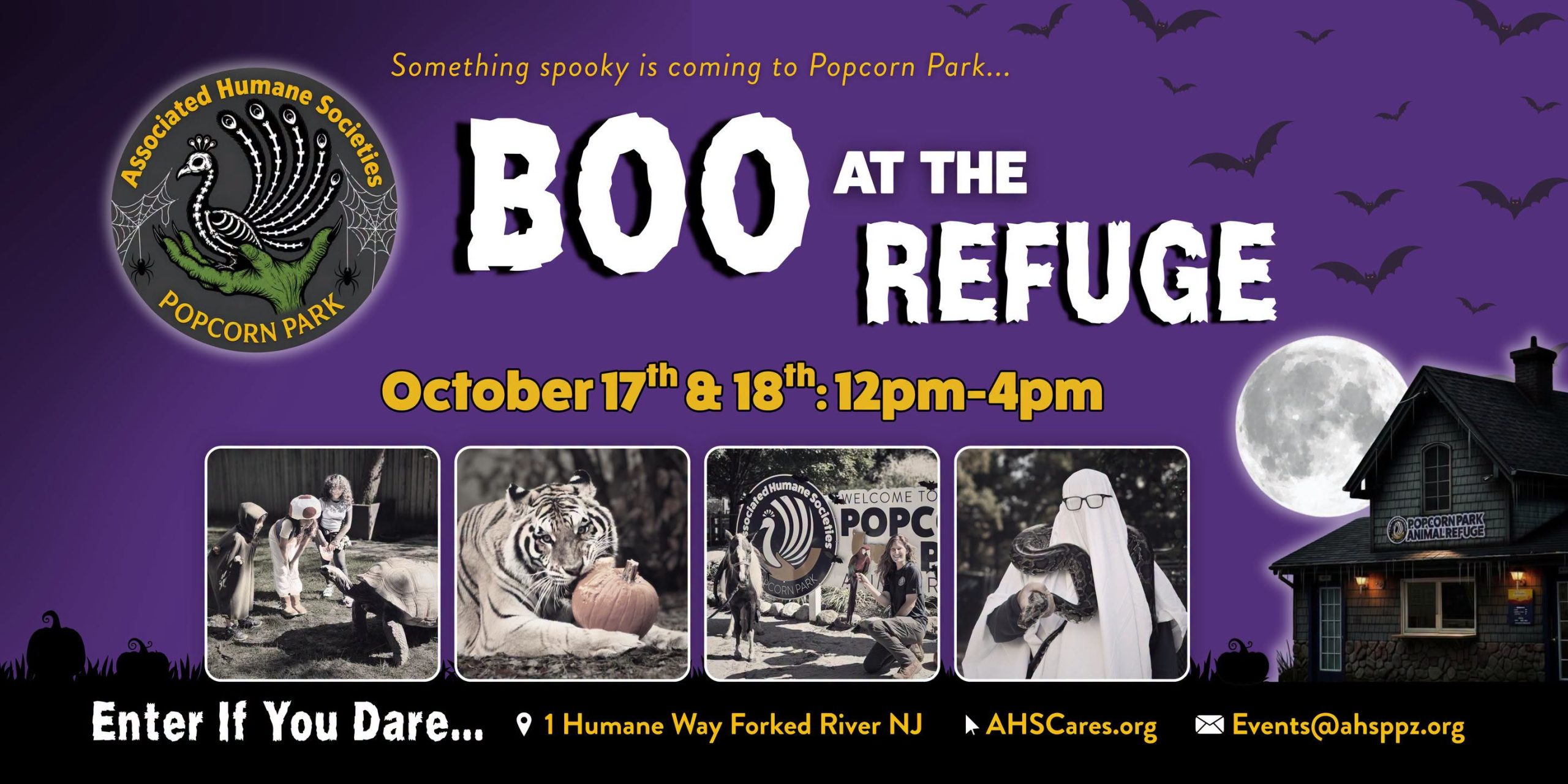 Boo at the Refuge flyer on a purple background with a dark building and bats flying above it. Photos of a tiger eating a pumpkin, a ghost in glasses holding a snake, kids dressed in costumes by a tortoise and a person holding a parrot and a mini horse in front of the Popcorn Park Animal Refuge sign.